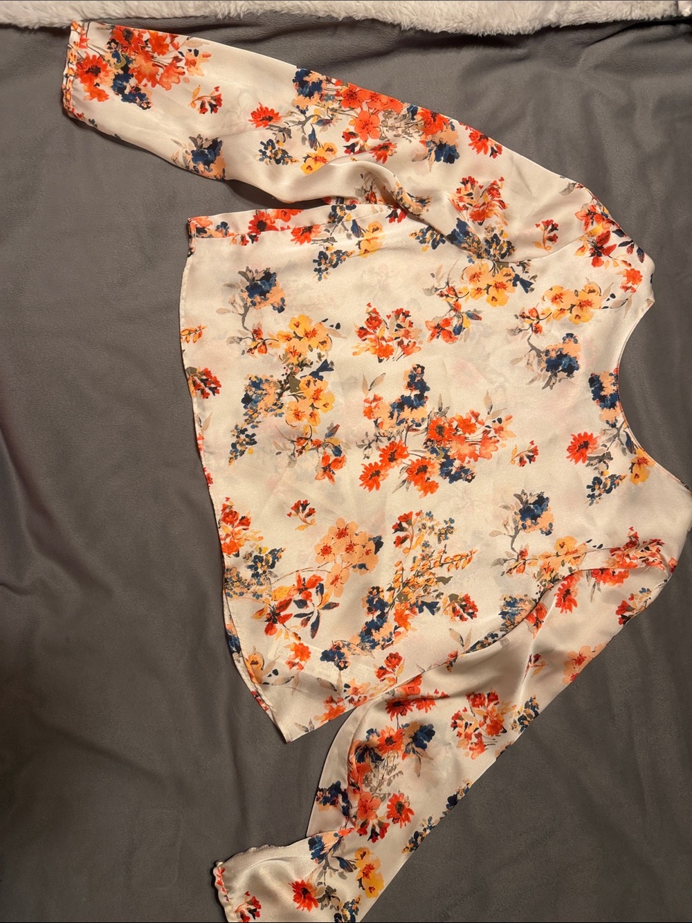 Zara Floral Satin Blouse in Cream with Orange & Navy Flowers
